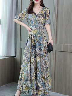 Elegant A-line V-neck Pattern Polyester Casual Dresses (Style V100374)