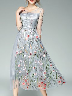 Party A-line Round Neck Plants Pattern Midi Dresses (Style V100376)