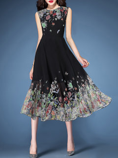 Basic A-line Printed Pattern Chiffon Midi Dresses (Style V100378)