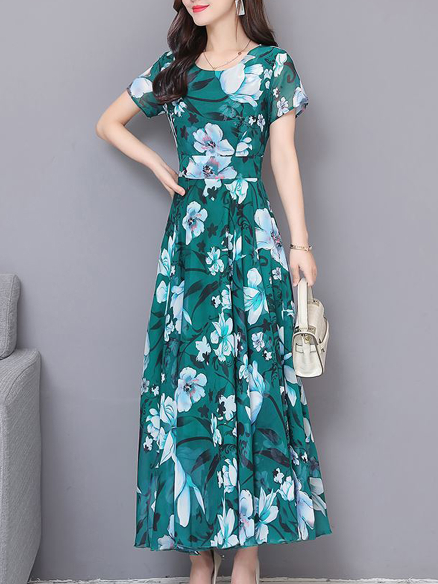 Green Elegant A-line Round Neck Pattern Polyester Maxi Dresses (Style ...