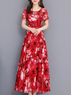 Elegant A-line Round Neck Pattern Polyester Maxi Dresses (Style V100379)