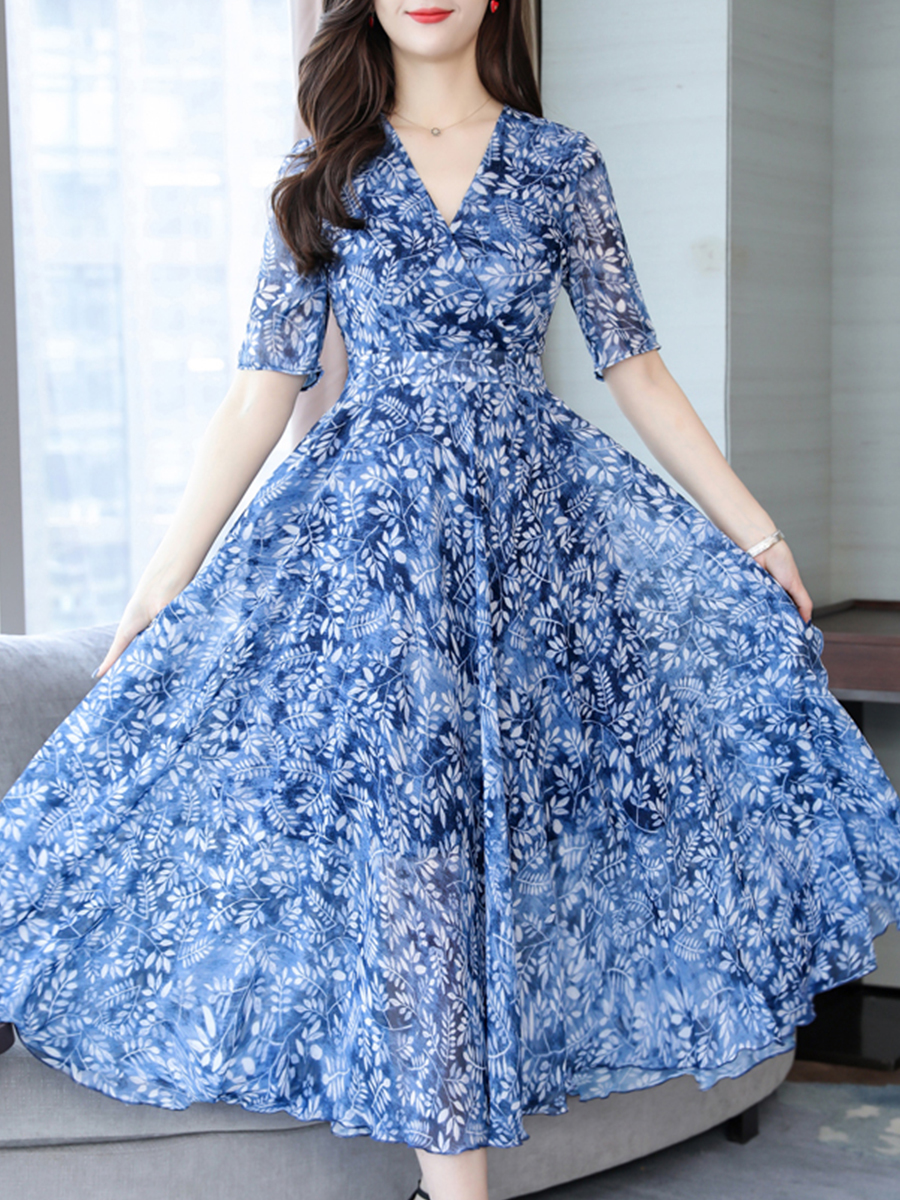 Blue Elegant Flowy V-neck Printed Pattern Midi Dresses (Style V100380 ...