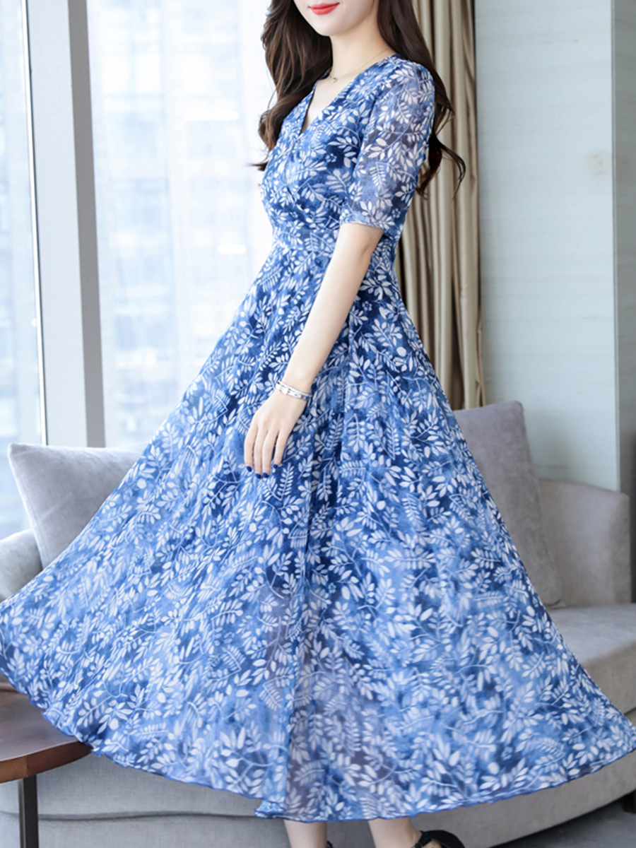 Blue Elegant Flowy V-neck Printed Pattern Midi Dresses (Style V100380 ...
