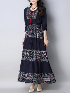 Modest Round Neck Patchwork Pattern Polyester Maxi Dresses (Style V100382)