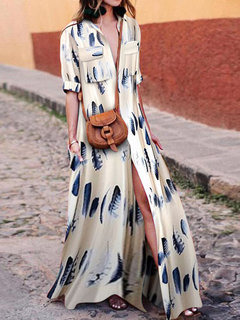 Beach Shirt Collar Feather Pattern Maxi Dresses (Style V100387)