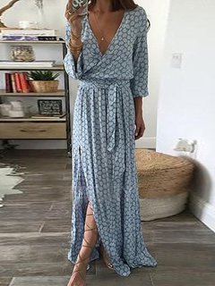 Beach Wrap Deep V Neck Pattern Polyester Maxi Dresses (Style V100391)