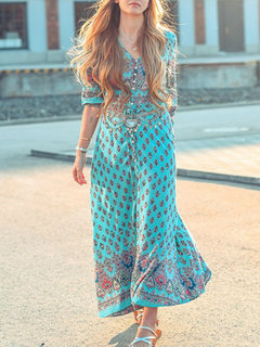 Beach A-line V-neck Printed Polyester Maxi Dresses (Style V100394)