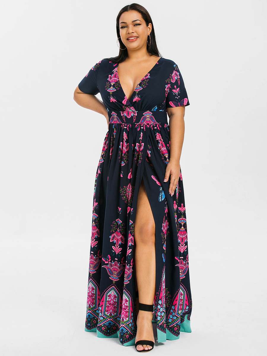 Midnight Blue Sexy Flowy Deep V Neck Animal Pattern Maxi Dresses (Style V100398) - VEDACHIC