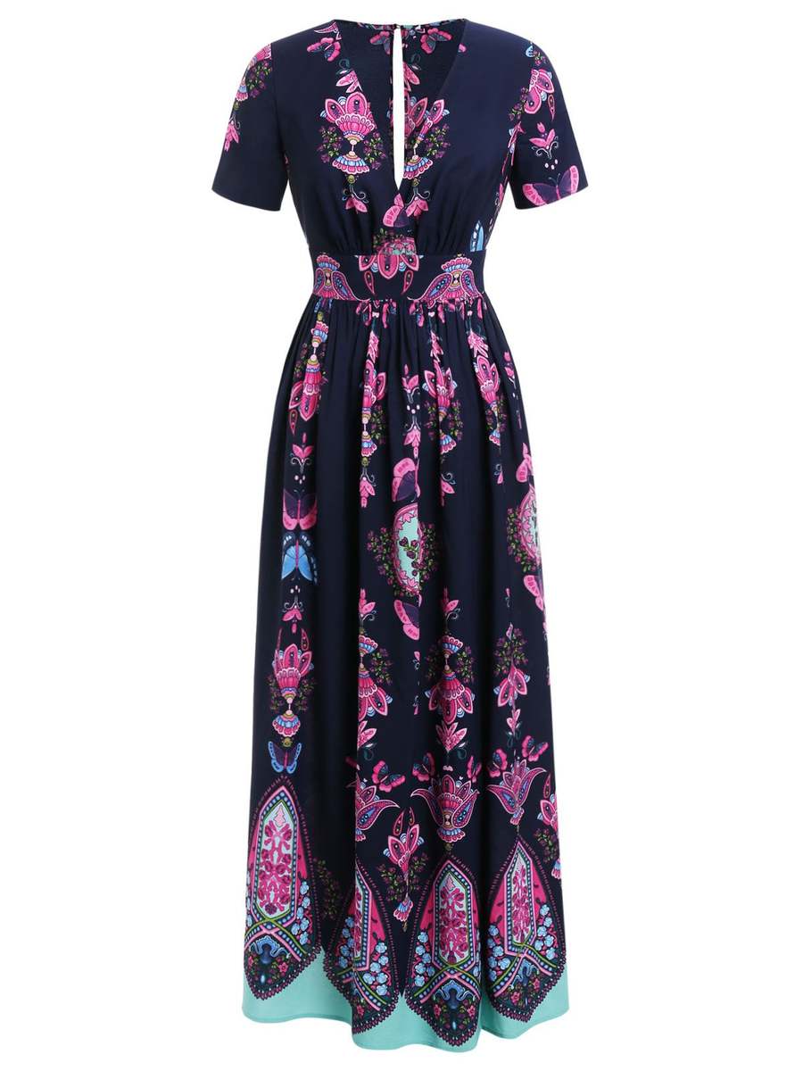 Midnight Blue Sexy Flowy Deep V Neck Animal Pattern Maxi Dresses (Style V100398) - VEDACHIC