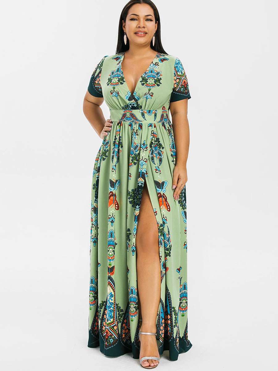 Sage Green Sexy Flowy Deep V Neck Animal Pattern Maxi Dresses (Style V100398) - VEDACHIC