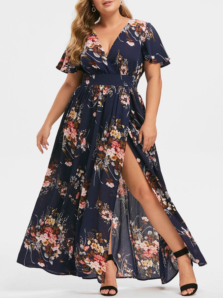 Navy Blue Sexy Flowy Vneck Printed Pattern Maxi Dresses (Style V100399