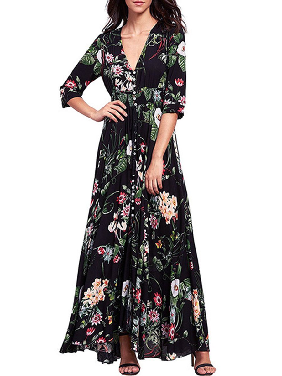 Black Sexy V-neck Printed Pattern Polyester Maxi Dresses (Style V100401 ...