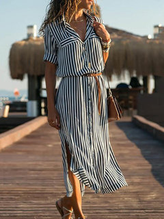 Casual Shirt Striped Belt Polyester Casual Dresses (Style V100406)