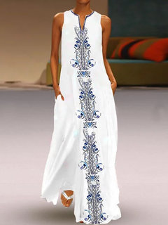 Shift Notched Printed Pattern Cotton Casual Dresses (Style V100408)