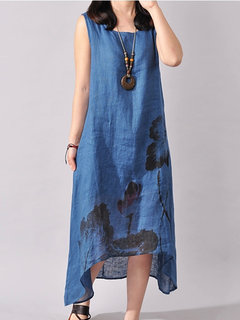 Oversized Shift Scoop Neck Printed Swallowtail Casual Dresses (Style V100413)