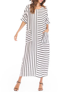 Oversized Shift Patchwork Pattern Linen Casual Dresses (Style V100435)