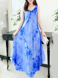 Oversized Asymmetrical Printed Pattern Cotton Casual Dresses (Style V100437)