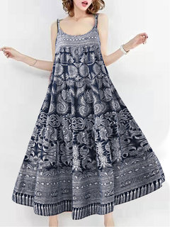 Oversized Spaghetti Strap Printed Pattern Linen Casual Dresses (Style V100439)