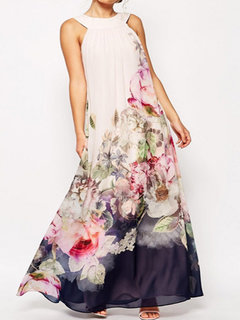 Beach Shift Straps Printed Chiffon Maxi Dresses (Style V100443)