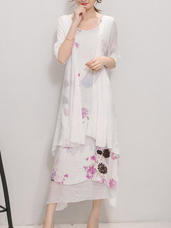 Elegant Shift Round Neck Pattern Linen Casual Dresses (Style V100446)
