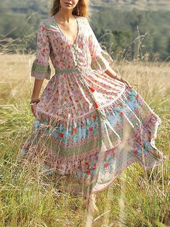 Flowy V-neck Printed Ruffle Polyester Casual Dresses (Style V100452)