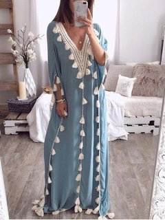 Sexy Shift Deep V Neck Tassel Polyester Maxi Dresses (Style V100453)