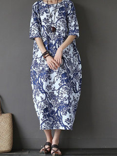 Oversized Cocoon Printed Pattern Cotton Casual Dresses (Style V100457)