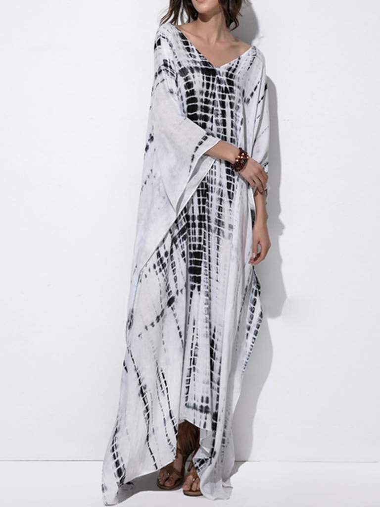 White Beach Shift V-neck Printed Polyester Maxi Dresses (Style V100461 ...
