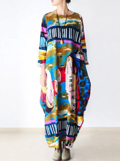 Cocoon Round Neck Printed Pattern Linen Casual Dresses (Style V100462)