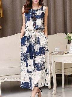 Elegant Tunic Tie Dye Pattern Polyester Midi Dresses (Style V100467)