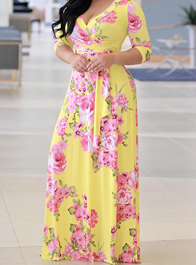 Yellow Sexy Deep V Neck Printed Pattern Polyester Maxi Dresses (Style ...