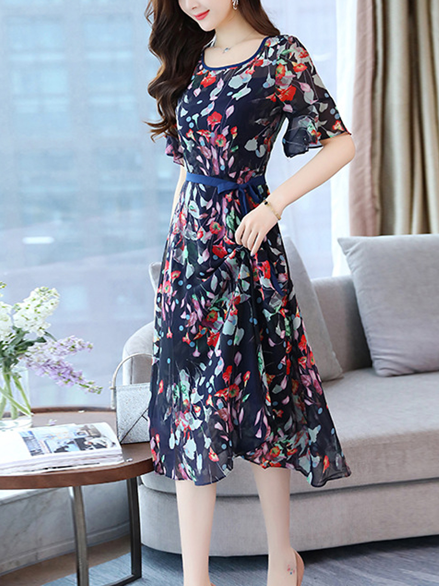Navy Blue A-line Round Neck Printed Pattern Polyester Midi Dresses ...