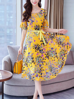 A-line Round Neck Printed Pattern Polyester Midi Dresses (Style V100475)