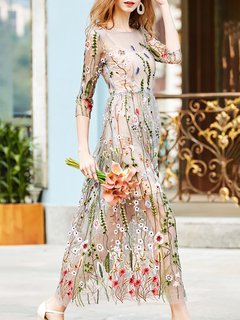 Sexy A-line Round Neck Printed Pattern Maxi Dresses (Style V100478)