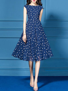 A-line Boat Neck Printed Pattern Polyester Midi Dresses (Style V100480)