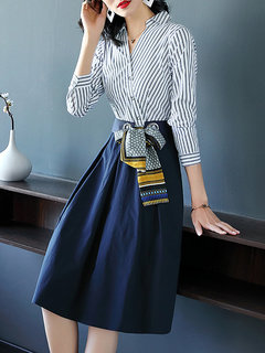 Office Wrap Collar Patchwork Polyester Floral Dresses (Style V100483)