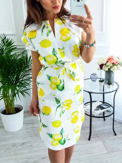 Shift Notched Fruit&Vegetable Pattern Polyester Casual Dresses (Style V100500)