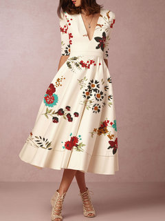 Fit And Flare Deep V Neck Printed Pattern Polyester Midi Dresses (Style V100505)