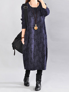 Casual Shift Round Neck Pockets Polyester Midi Dresses (Style V100513)