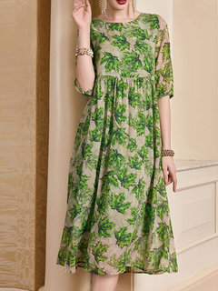 Casual Round Neck Printed Pattern Silk Casual Dresses (Style V100514)