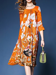 Casual Shift Round Neck Pockets Cotton Midi Dresses (Style V100515)