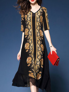 Shift V-neck Printed Pattern Silk Midi Dresses (Style V100517)