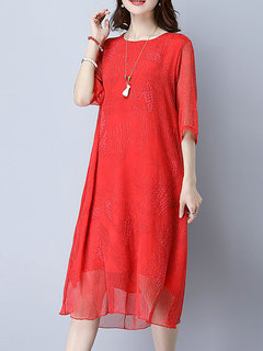 Shift Round Neck Printed Pattern Cotton Blends Midi Dresses (Style V100518)