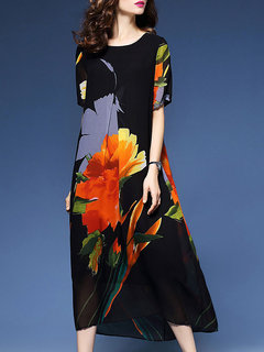 Casual Shift Round Neck Pattern Polyester Casual Dresses (Style V100520)