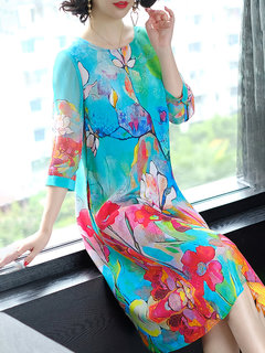 Elegant Shift Round Neck Printed Pattern Midi Dresses (Style V100521)