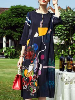 Shift Round Neck Printed Pattern Silk Casual Dresses (Style V100522)