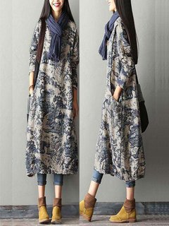 Oversized Round Neck Printed Pattern Cotton Casual Dresses (Style V100523)