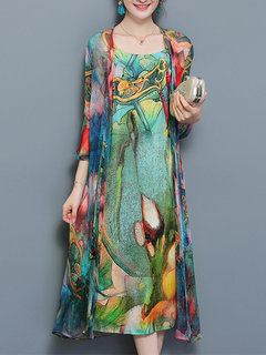 Modest Shift Straps Pattern Polyester Midi Dresses (Style V100526)