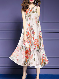 Shift Round Neck Printed Pattern Polyester Casual Dresses (Style V100527)