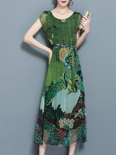 Elegant Round Neck Printed Pattern Polyester Casual Dresses (Style V100530)